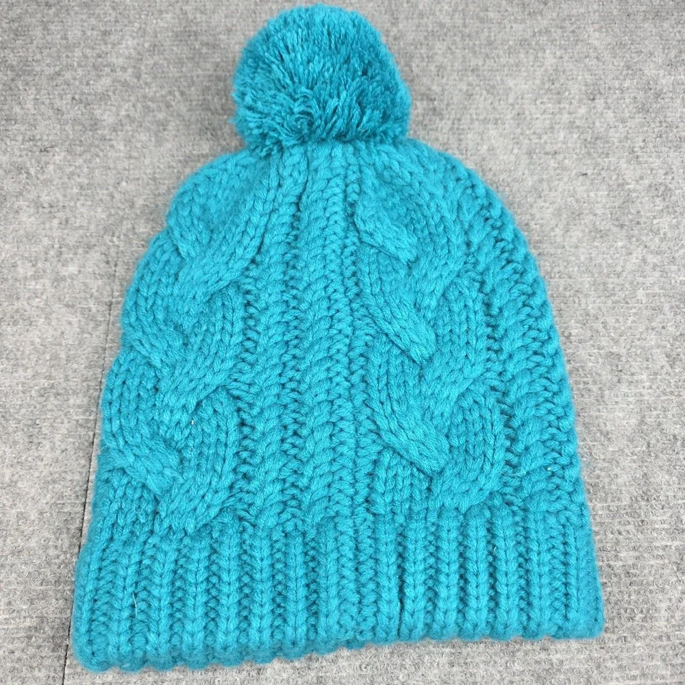 Mountain Hardwear‎ Beanie Hat Womens One Size Blue Cable Knit Pom Ski Winter